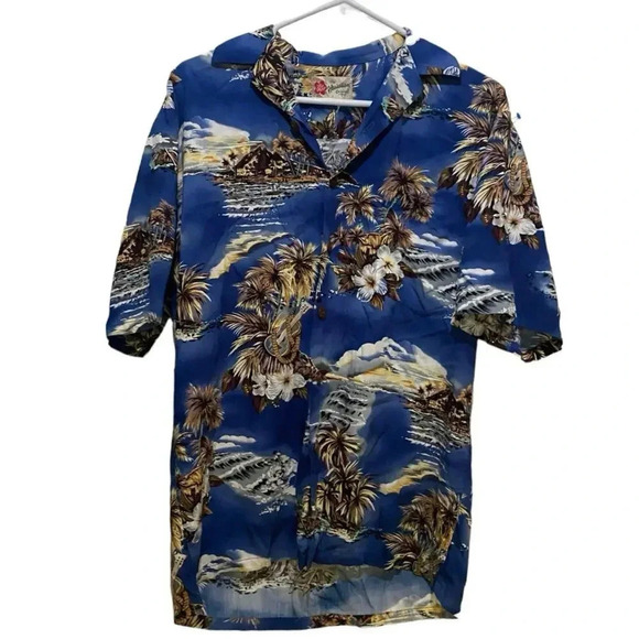 Hilo Hattie Hawaiian Original Blue Tropical Floral Button-Down Shirt Size S - Picture 1 of 3